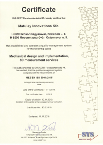 MSZ EN ISO 9001:2015 certificate